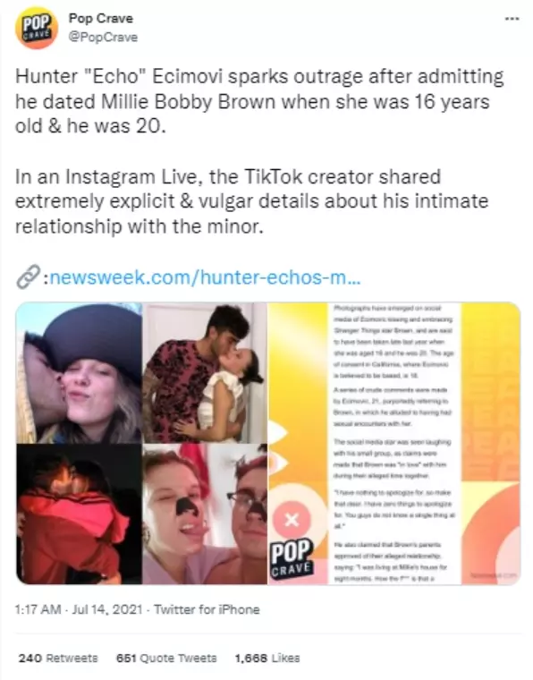 Millie Bobby Brown and Hunter 'Echo' Ecimovic Controversy Explained